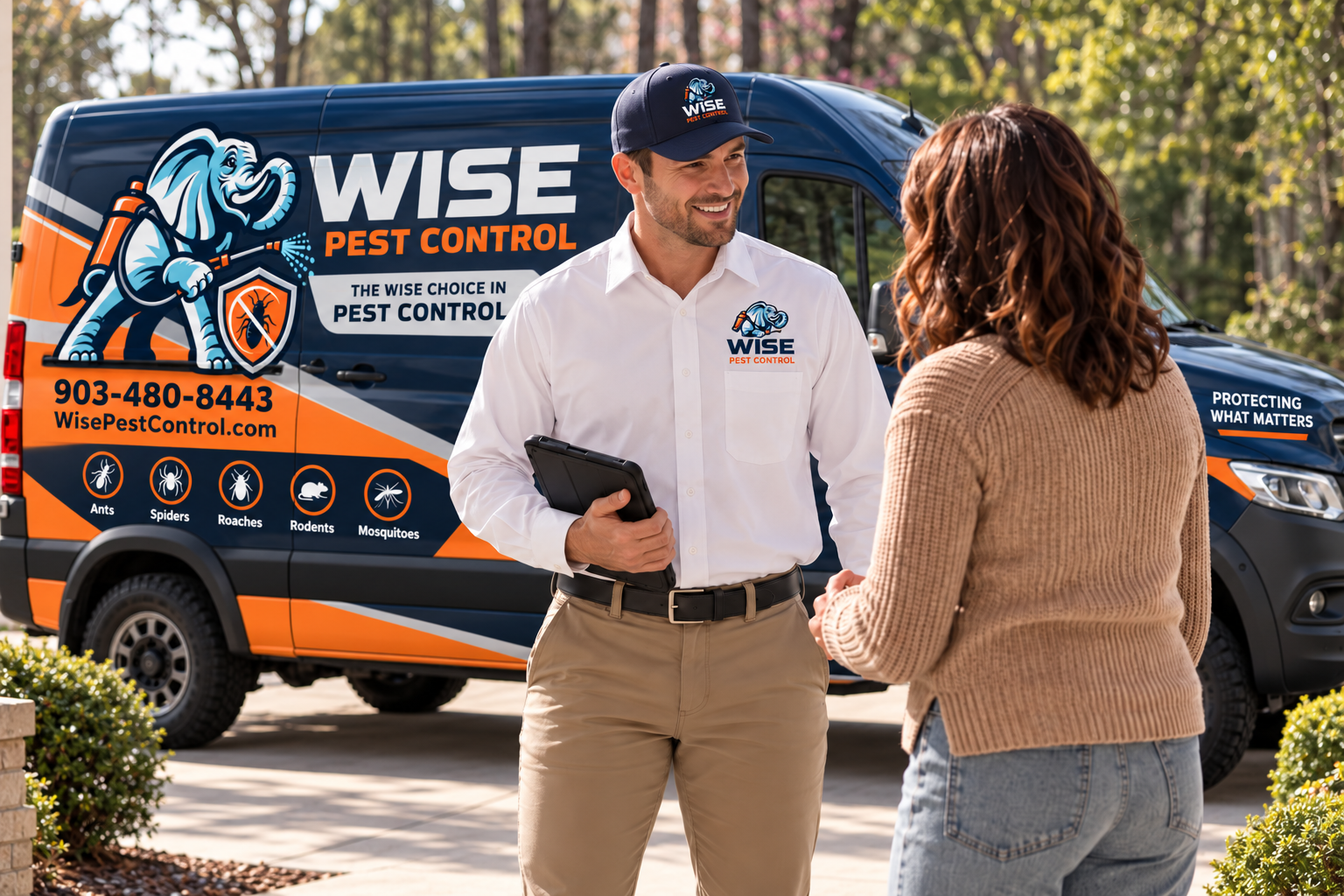 Wise Pest Control technician greeting a customer in front of the branded service van