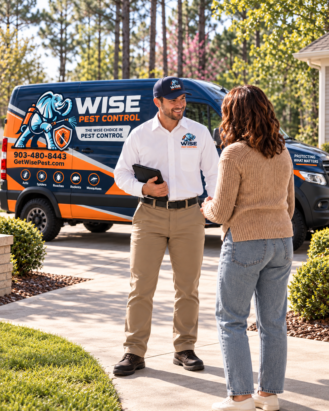 Wise Pest Control technician greeting a customer in front of the branded service van